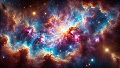 Obraz premium Colorful nebula with swirling gas bright stars and dynamic cosmic colors