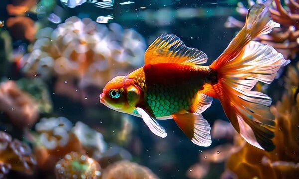 Vibrant Oranda goldfish with flowing fins in an underwater coral reef