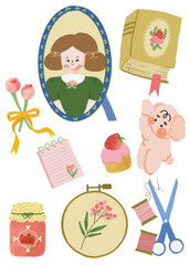 collection of summer, card, wallpaper and invitations products design, kawaii dog for stickers, calligraphy and draw