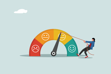Performance rating or customer feedback, credit score or satisfaction measurement, quality control or improvement concept, strong businesswoman pull the string to make rating gauge to be excellent.