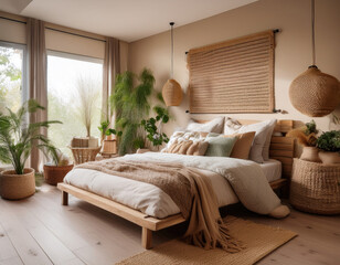 A cozy, nature-inspired bedroom with earthy tones, woven fabrics, and indoor plants.
