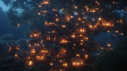 Fototapeta premium Enchanted treetop village at night