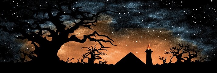 Spooky night landscape with silhouettes of trees and a structure