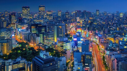 Obraz premium Tokyo City Skyline Night, Aerial View, Illuminated Streets, Skyscrapers
