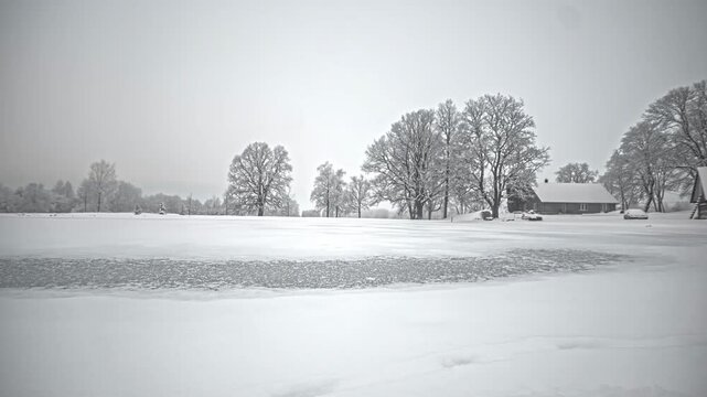 Timelapse seasonal changes of a countryside house barn beside a lake, full year