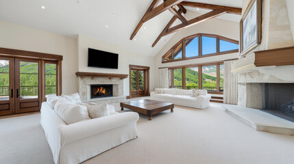Fototapeta premium Luxurious living room with large windows showcasing mountain views, featuring cozy fireplace, elegant furniture, and high ceilings