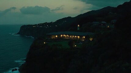 Cliffside estate at twilight overlooking the ocean