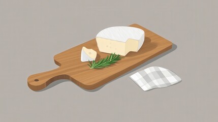 Aromatic Cheese and Rosemary on a Wooden Cutting Board