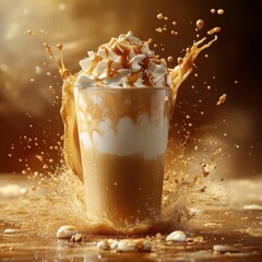 Dynamic coffee splash action at a vibrant  close-up beverage content in a creative setting