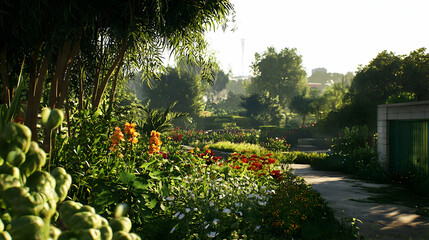 Obraz premium Lush Garden View With Colorful Flowers Under Sunlight Through Trees Pathway Leading Through Blooming Flora