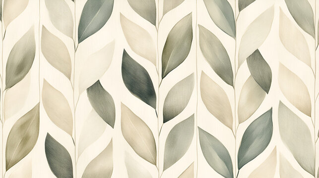 Abstract pattern featuring rows of stylized leaves in muted shades of green, gray, and beige against a light background. - Powered by Adobe