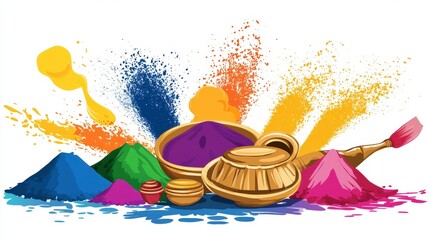 A Holi Celebration: Colorful Powder and Traditional Vessels