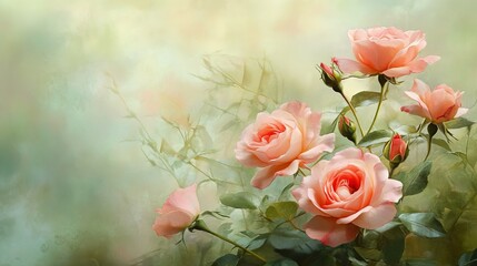 Obraz premium Beautiful pink roses blooming against a soft green and yellow backdrop
