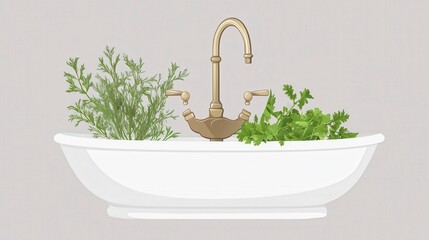 Elegant Herb Arrangement in a Vintage Bathtub - Fresh Herbs Illustration