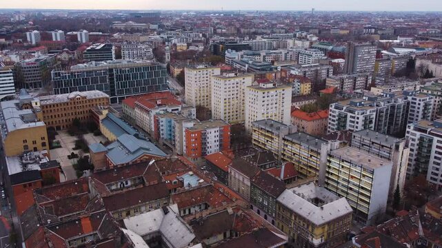 High angle of Budapest city center, densely packed residential and commercial buildings, aerial overview of dense urban colorful building textures