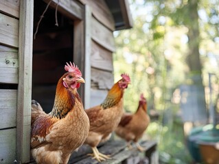 Hens Perched on Coop for Rural Backyard.