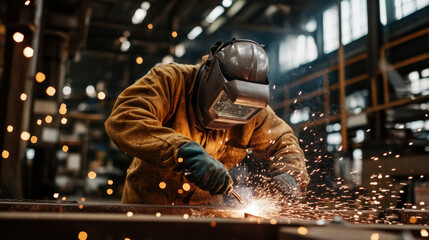 skilled welder works diligently in factory, surrounded by sparks and industrial equipment, showcasing craftsmanship and dedication