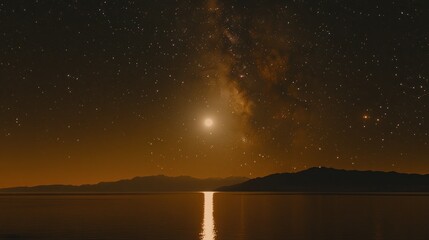 Night sky over a tranquil lake, milky way