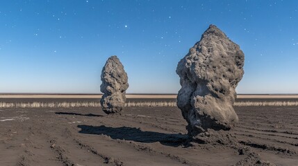 Two large, grey, sculpted rocks stand sentinel in a vast, dark, flat landscape under a starry night sky