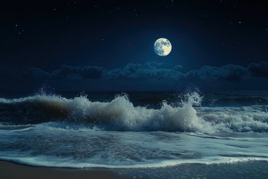 A serene moonlit night over crashing ocean waves at a tranquil beach under starlit skies