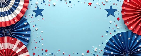 Obraz premium Festive background design for US holidays. Red, white, blue paper fans, stars confetti on blue backdrop. Independence Day, 4th of July, Presidents Day, Memorial Day, election concept.