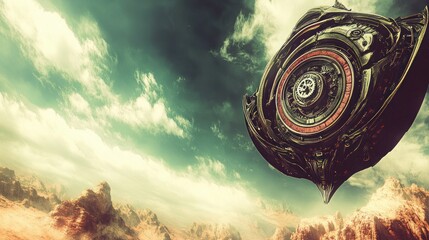 Strange craft hovering over a desert landscape