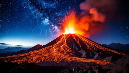 A massive volcano erupting against the backdrop of a deep blue night sky filled with stars