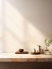 a beige wall with a light wood tabletop featuring a small plant and pots. a serene and elegant minimalist atmosphere, suitable as an e-commerce product background.