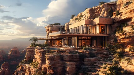 Luxury modern house with infinity pool on a cliffside overlooking scenic canyon

