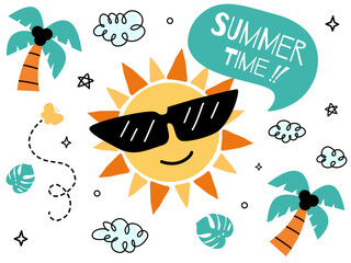 Hello summer concept design. Creative abstract shape background and plant colorful of summer season for sale post template.