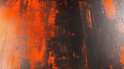 Abstract painting, vibrant orange and dark tones.  Dynamic brushstrokes create a striking visual effect