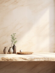 a beige wall with a light wood tabletop featuring a small plant in a ceramic vase and two pots. a serene and elegant minimalist atmosphere, suitable as an e-commerce product background.