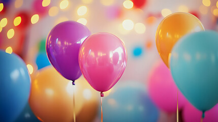 Stimmungsvoll gedeckter Partytisch mit bunten Luftballons und Lichterketten  
