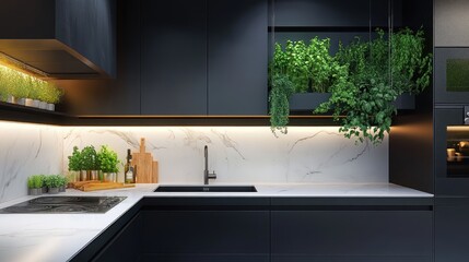 Modern, dark gray kitchen with white marble countertop and hanging herbs