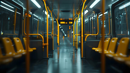 Fototapeta premium Yellow Seating And Rails Inside A Modern Subway Car With Metallic Interior And Illuminated Lighting