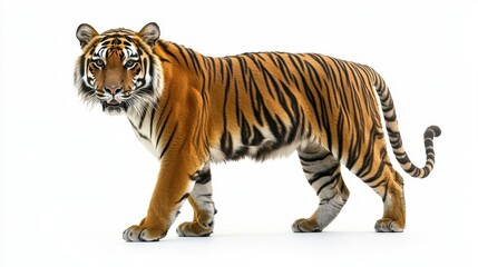 Fototapeta premium Majestic tiger roaming in studio wildlife photography minimalist white background close-up perspective