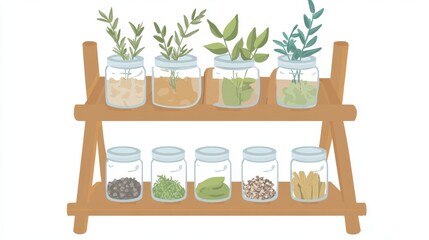 Charming Kitchen Spice Rack with Herbs and Spices, Display of Glass Jars on Wooden Shelves