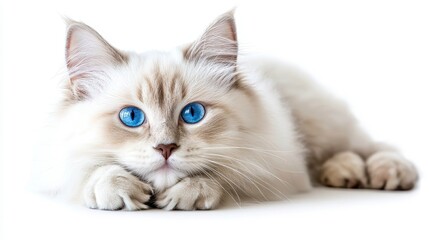 Playful white cat with striking blue eyes indoor setting pet photography calm environment close-up shot
