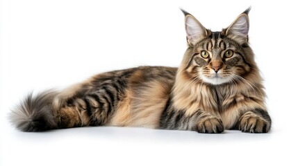 Playful maine coon cat posing indoors pet photography bright white background close-up perspective