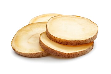 Three slices of raw potato isolated on white.