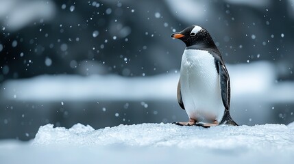 Fototapeta premium A single penguin standing on ice during a winter snowfall