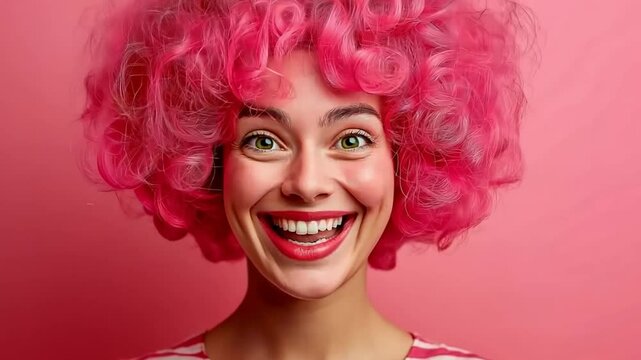 Excited female model with pink curly wig expressing astonishment, opening her mouth and raising eyebrows on pink background	

