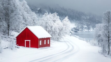 Red Barn in Winter Wonderland Snowy Landscape with Lake and Woods