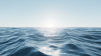 Obraz premium Tranquil ocean waters stretch towards the horizon under a clear sky. The soft light of sunrise glimmers on the surface, enhancing the peaceful ambiance of the scene