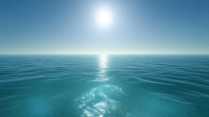 Obraz premium A clear blue ocean stretches endlessly under a radiant sun, reflecting light on the calm surface. The scene conveys tranquility and beauty, inviting relaxation and contemplation