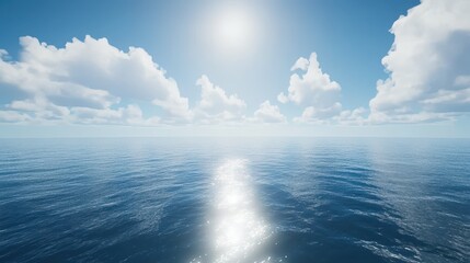 Obraz premium Sunlight sparkles on serene ocean waters, reflecting a bright blue sky filled with fluffy white clouds. The tranquil scene evokes a sense of peace and relaxation, ideal for a coastal escape