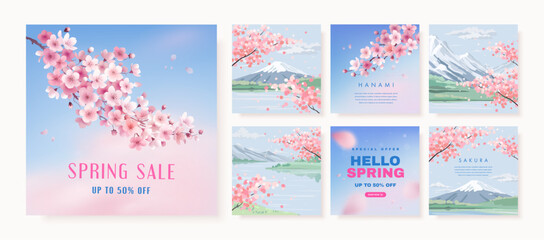 Hello spring sale web banner, square flyer or greeting card design template with realistic 3d and sketch blossoming sakura. Advertisement discount background. Vector illustration