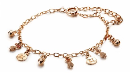 A charm bracelet outline with multiple small charms attached to a fine chain on a white background.
