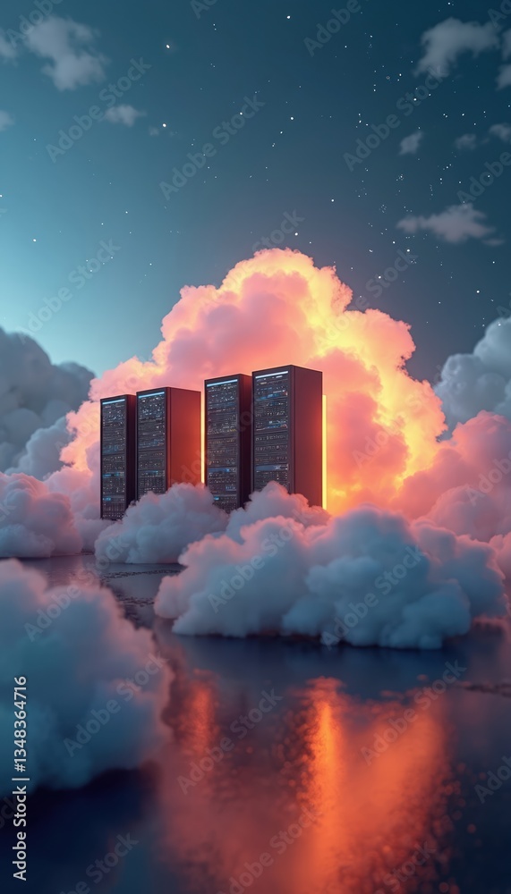 Poster cloud computing concept. tech data center servers on cloud. 3d rendering illustration. digital stora