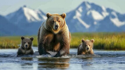 Obraz premium Grizzly bear family crossing stream in majestic mountains nature photography scenic wilderness view